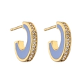 Elegant gold plated C-shaped hoop earrings with light blue enamel and zircon stones - Blue