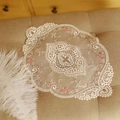 Detail of delicate white lace placemat with pink floral embroidery on translucent mesh - 21*28cm / Apricot