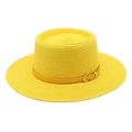 Grass green woven straw boater hat with a yellow leather band and gold buckle - M (56-58cm) / Yellow