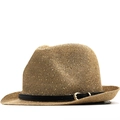 Sparkly gold woven straw fedora hat for women with black leather band and metal buckle - M (56-58cm) / Khaki