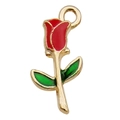 Ciondolo a forma di rosa dorata in lega con smalto rosso e foglie verdi per DIY - Rosa / 9x18mm