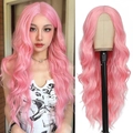 Pink wavy synthetic lace wig for women with natural middle part long curly hair - Pink