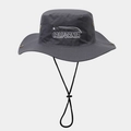 Detail of dark grey wide brim outdoor hat with CALIFORNIA embroidery and wind rope - One Size / Gray