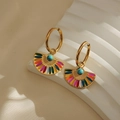 Golden earrings with bohemian fan pendant featuring colorful enamel and turquoise bead - Multicolor Enamel Fan