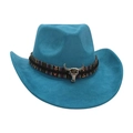 Cyan blue wool felt cowboy hat with ethnic braided band and silver bull skull detail - Malachite green