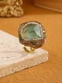 Detail of bohemian ring with green raw stone and pavé champagne crystals on gold band - Adjustable Open / Green Fluorite with Yellow Rhinestones