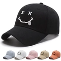 Casquette de baseball en coton noir avec broderie sourire 3D et visière incurvée - Réglable / Blanc