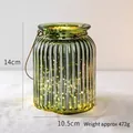 Green glass Christmas candle holder lantern with vertical stripes and LED lights, 14cm tall - Candle Cup E-Green Stripe (14x10.5cm/470g)