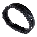Men's multi-layer braided leather bracelet with black onyx and lava stone beads - Black Agate Magnetic Clasp Style