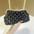 Elegant black satin evening clutch bag with diamond-encrusted frame and pleated design - Black