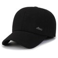 Winter black wool baseball cap with ear protection and silver metal sports tag - Adjustable / Black With Metal Sports Tag