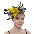 Elegant yellow and black feather fascinator hat with mesh veil and bead details - Black and Yellow