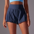 Detail of high-waist double-layer navy sports shorts with pleated mesh for running - S / Navy Blue