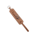 Brown PU leather wristband keychain with white stitching and silver metal ring accessory - Tan