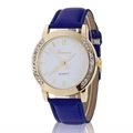 Gold bezel quartz watch with white dial and dark blue lychee pattern leather strap - Dark Blue