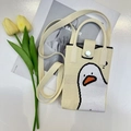 Detail of knit mobile phone bag with a cute white duck pattern and silver button closure - Beige Goose-Cartoon
