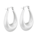 Minimalist silver teardrop hoop earrings in high-polished stainless steel finish - Style G Oval Blade Edge Hollow (KE109525)