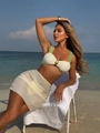 Three-piece bikini set with cream top, green straps, and matching mesh cover-up skirt - S / Milky White