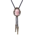 Pink agate bolo tie with vintage bronze crown setting and braided leather necktie cord - 49 (Bronze with Pink Stone)