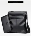 Bolso bandolera de negocios para hombre en cuero negro con cartera larga a juego - Bolso de hombro + Juego de bolso de mano / Negro