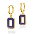 Close-up of 18K gold plated hoop earrings with navy blue enamel rectangular charms - Dark Blue Rectangular Hollow Pendant (KE0742-1)