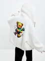 Oversized white hoodie for women featuring a cartoon bear rich and cute back print - S / White (Thin)