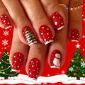 Festive Christmas press-on nails set with red glitter, snowman, and tree designs - Christmas Snowman Tree Pattern (CW370) / Jelly Glue and Nail File Included