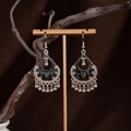 Bohemian silver water drop earrings with black oil accents and metal bell tassels - Water Drop Tassel Style / Black