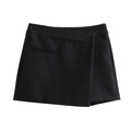 Women's minimalist black asymmetric wrap skirt shorts featuring high-quality solid fabric - XS / Black