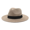 Close-up of natural straw fedora weaving texture and black decorative ribbon band - M (56-58cm) / Dark Gray