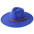Dark blue wide brim wool felt fedora with brown tassel belt and silver ring buckle - Adult 58cm One Size / Sapphire Blue