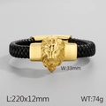 Men's braided black leather bracelet featuring a bold gold lion head and steel clasp - Gold Lion Head Wide Version (KB80478-BD)