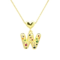 Detail of gold letter W pendant featuring vibrant multi-color pavé zircon stones and heart charm - Letter-W