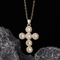 Golden cross pendant necklace with white zircon stones on a dark volcanic rock background - Gold Full Diamond Large Cross (款式6)