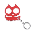 Detailed close-up of a red cat-shaped self-defense keychain with a metal ring and chain - Justice Cat Red (K00633-11)