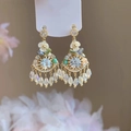 Floral tassel drop earrings with crystals and colorful beads on a gold base - Streaming Flower Tassel (44# 925 Sterling Silver Earring Post-Gold) / Pink
