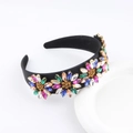 Baroque style headband featuring colorful rhinestone flowers on a matte black band - Retro Black Style (B)