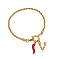 Golden rope chain bracelet featuring red Italian horn and letter V charm with rhinestones - Letter V