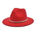 Close-up of red wool fedora hat featuring a stylish chunky silver metal chain detail - M(56-58cm) / Red