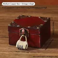 Vintage wooden jewelry box in dark red with an antique bronze combination lock - Medium-sized Brass Square Box + Retro Three-piece Set