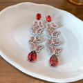 Silver drop earrings with red pear-shaped stones and orange butterfly zircon fringe - 92# Silver Needle - Silver - Red.