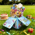 3D butterfly popup birthday card box with balloons and fireworks on green grass - Happy Birthday Magic Box