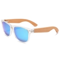 Classic oval sunglasses with transparent frame, blue mirror lenses and wooden temples - Beech Wood Temple Transparent Frame Polarized Ice Blue Mirror Lens