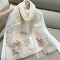 Elegant beige sheer scarf with brown floral embroidery and glitter trim for women - 70*180cm / Beige