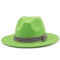 Detail of bright green wool jazz hat featuring a vintage tri-color striped woven band - Fruit Green