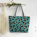 Women's casual canvas tote bag featuring green leopard print and grey shoulder straps - Green Leopard