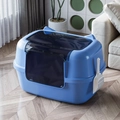 Extra large semi-enclosed blue cat litter box with translucent door and scoop - Cat Ear Fully Enclosed Large / Blue