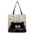 Cute black cat print linen tote bag with black handles on a clean white background - Large Funny Cartoon Cat Pattern (hm1303)
