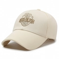 Classic beige embroidery baseball cap with vintage badge and textured fabric - Adjustable / Light Beige