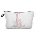 Detailed view of white cosmetic bag with pink floral letter L and gold leaf accents - Letter L